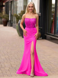 Arana| Fuchsia Mermaid Strapless Satin Long Prom Dresses With Beading