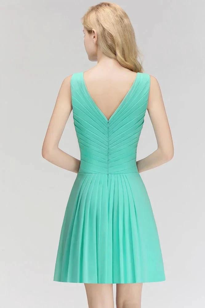 Classic V-Neck Floral Mini Cocktail Dress Sleeveless Chiffon Knee Length Homecoming Dress