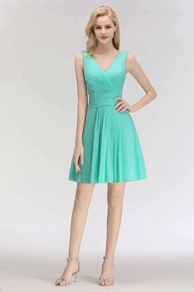 Classic V-Neck Floral Mini Cocktail Dress Sleeveless Chiffon Knee Length Homecoming Dress