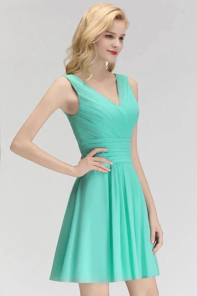 Classic V-Neck Floral Mini Cocktail Dress Sleeveless Chiffon Knee Length Homecoming Dress