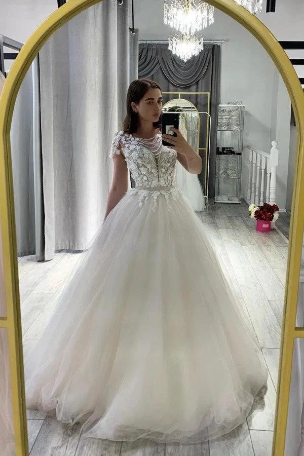 Classy Long A-Line Bateau Appliques Lace Tulle Wedding Dress With Bowknot Sash