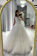 Classy Long A-Line Bateau Appliques Lace Tulle Wedding Dress With Bowknot Sash