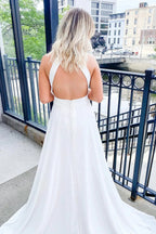 Classy Long A-line Halter Open Back Satin Wedding Dress