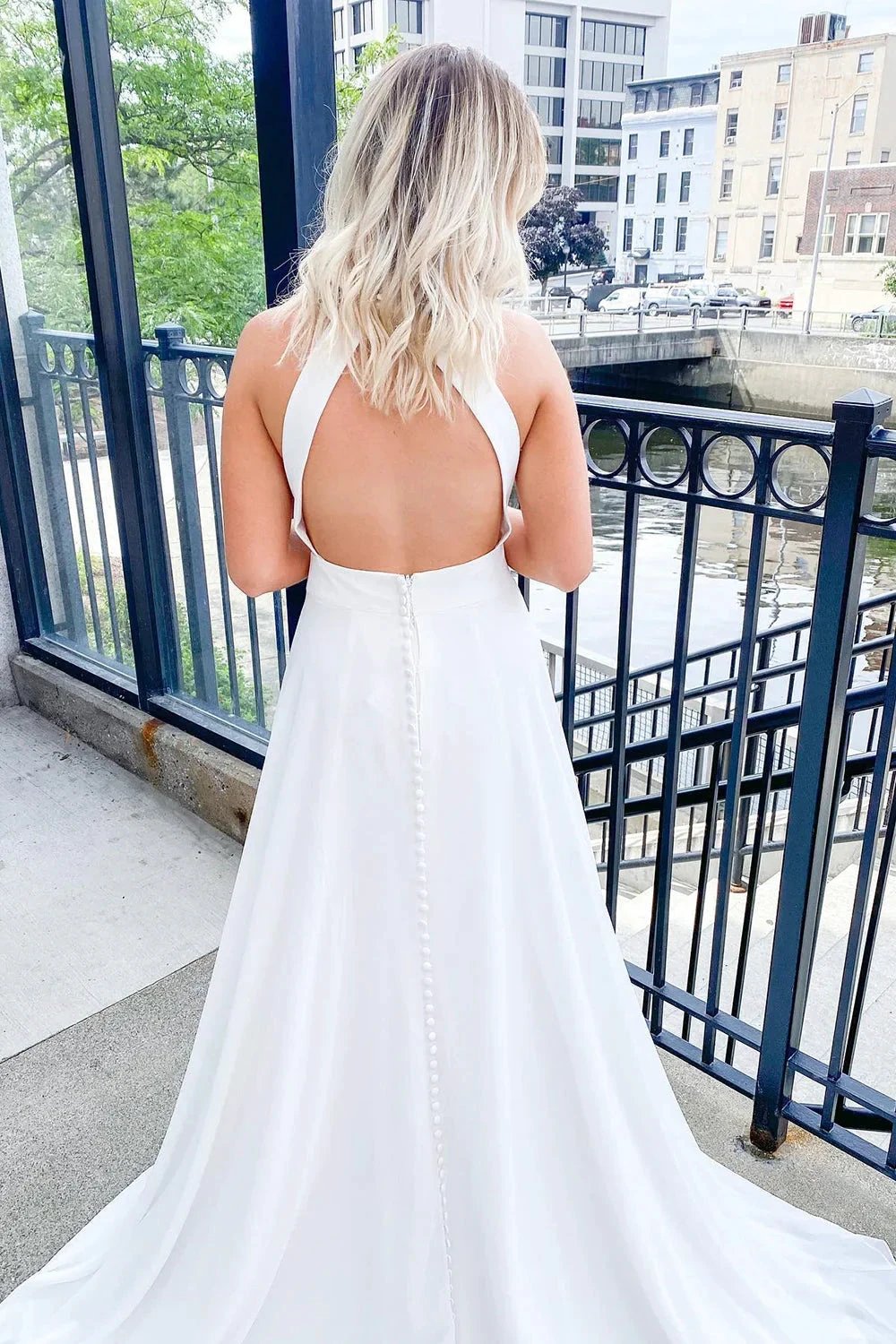 Classy Long A-line Halter Open Back Satin Wedding Dress