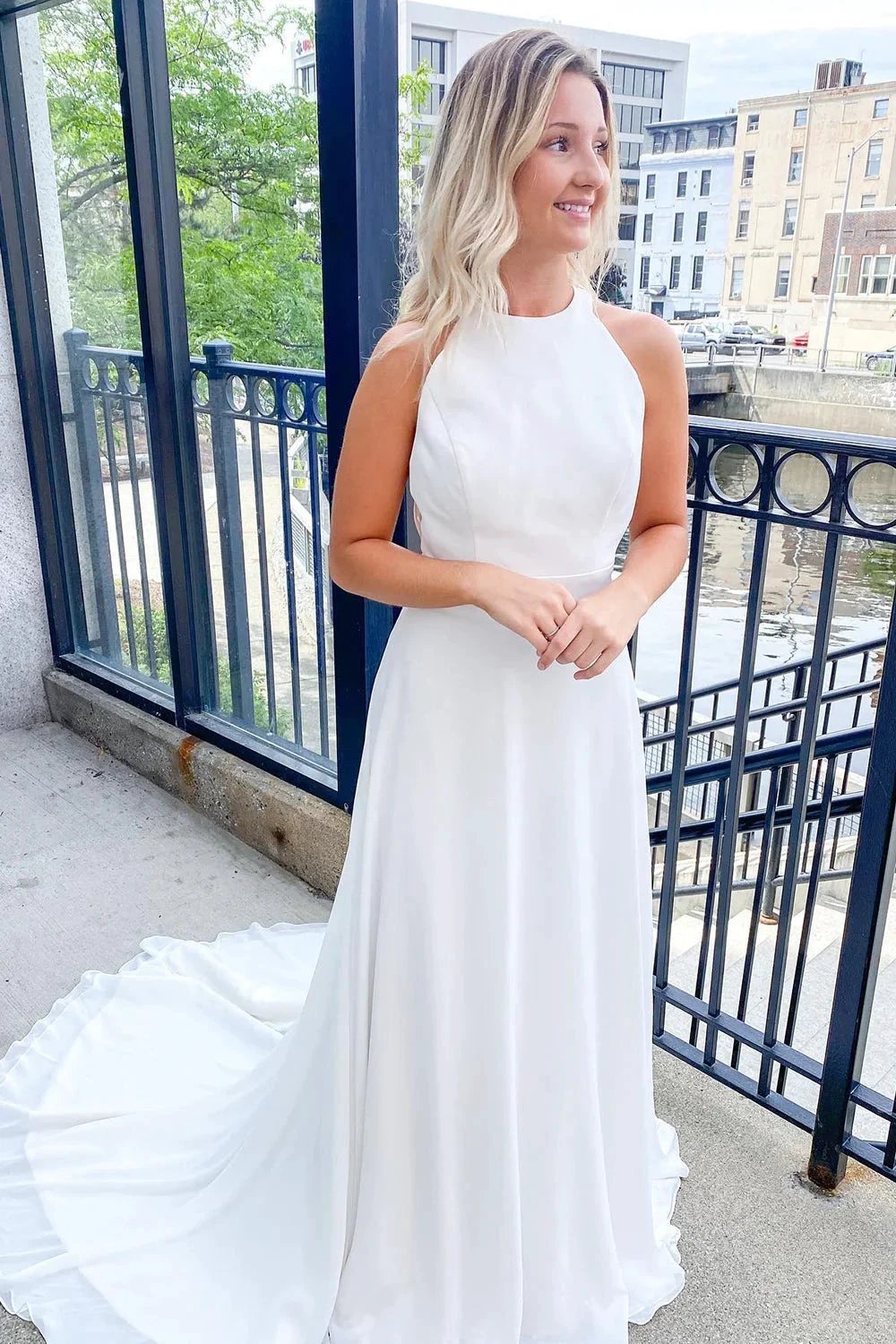 Classy Long A-line Halter Open Back Satin Wedding Dress