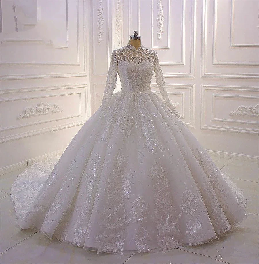 Classy Long A-line High Neck Appliques Lace Pearl Sequins Ruffles Wedding Dress with Sleeves