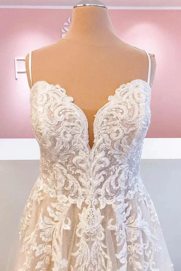 Classy Long A-Line Tulle Spaghetti Straps Appliques Lace Backless Wedding Dress
