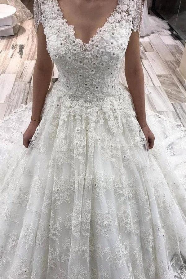 Classy Long A-Line V-neck Appliques Lace Crystal Wedding Dress