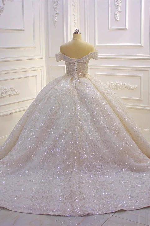 Classy Long Off the Shoulder Sequin Beading Satin Ball Gown Wedding Dress