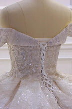 Classy Long Off the Shoulder Sequin Beading Satin Ball Gown Wedding Dress