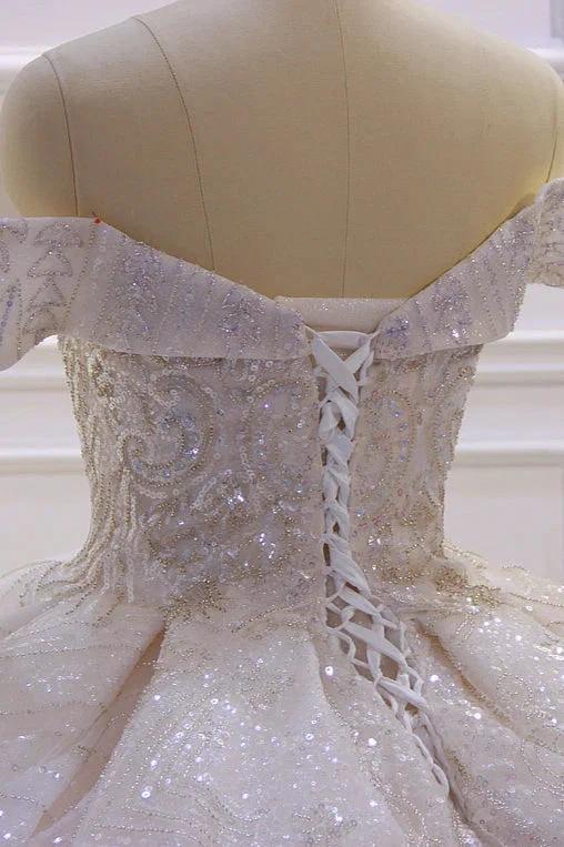 Classy Long Off the Shoulder Sequin Beading Satin Ball Gown Wedding Dress