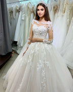 Classy Long Princess Appliques Lace Tulle Wedding Dress with Sleeves