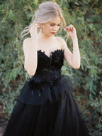 Classy Long Princess Sweetheart Open Back Tulle Black Wedding Dress with Lace