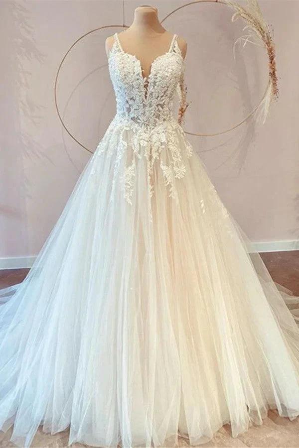 Classy Long Princess Sweetheart Tulle Appliques Lace Wedding Dresses