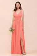 Coral Beach Bridesmaid Dress Front Split Wedding Party Dress