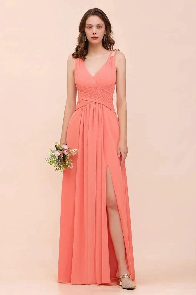 Coral Beach Bridesmaid Dress Front Split Wedding Party Dress