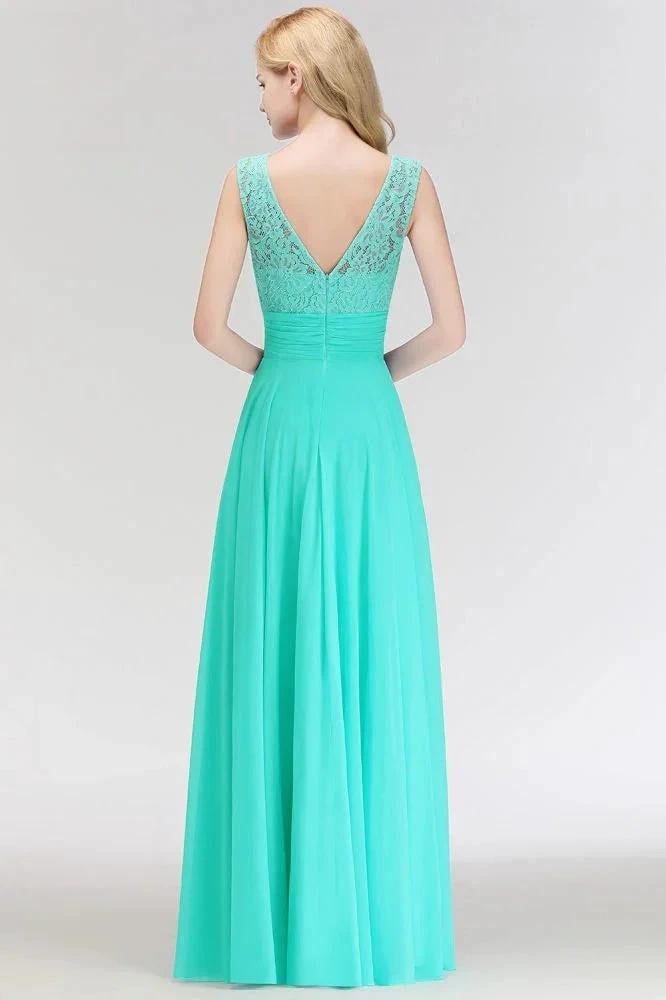 Crew Neck Lace Top Sleeveless Chiffon Bridesmaid Dress Aline Formal Dress