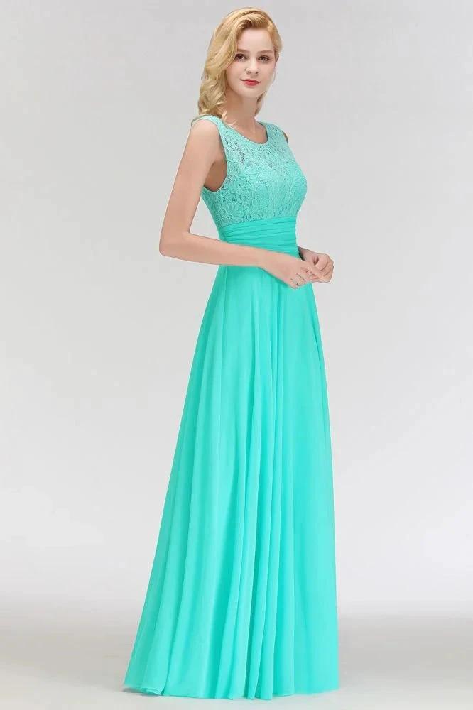 Crew Neck Lace Top Sleeveless Chiffon Bridesmaid Dress Aline Formal Dress