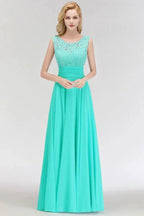 Crew Neck Lace Top Sleeveless Chiffon Bridesmaid Dress Aline Formal Dress