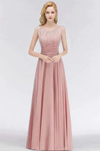 Crew Neck Lace Top Sleeveless Chiffon Bridesmaid Dress Aline Formal Dress