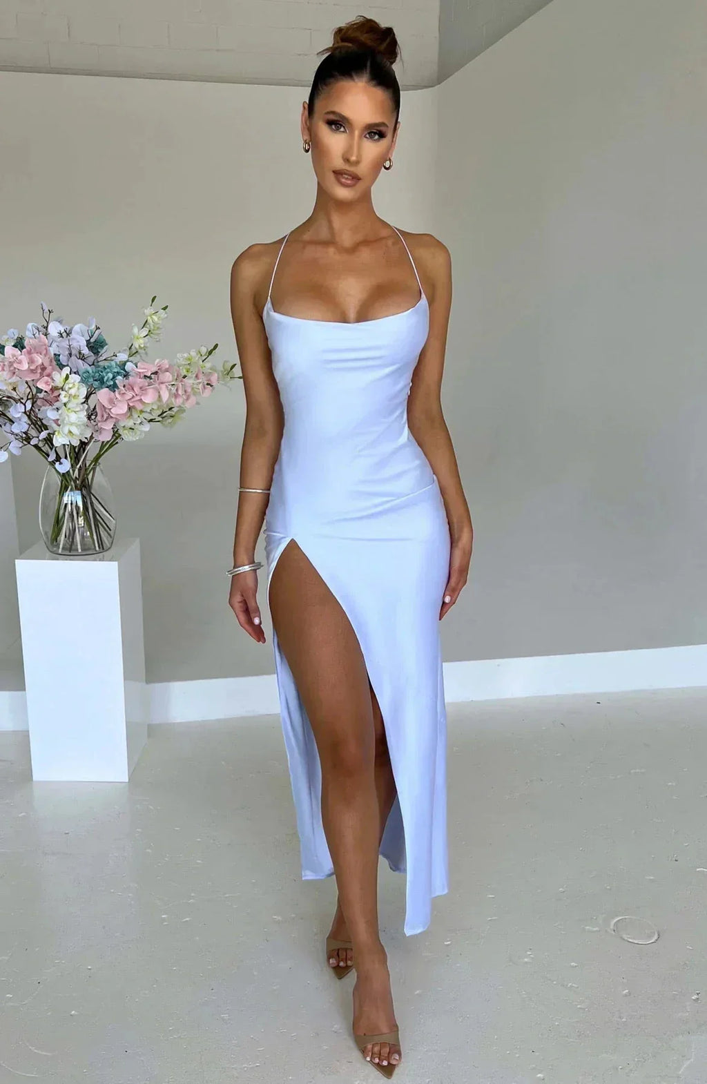 Satin Maxi Dress Cross Over Straps with A Self Tie Fastening SYP178