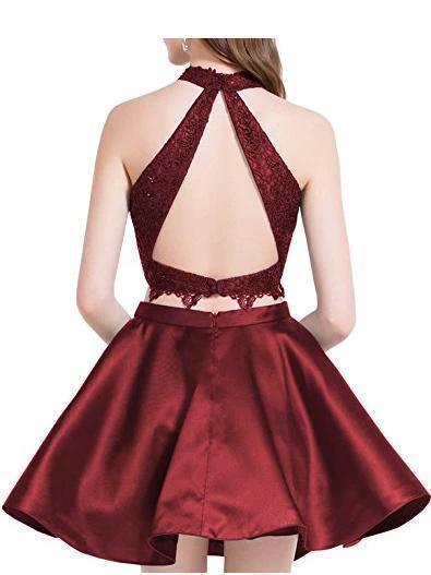 Cute Blue Two Pieces Lace Satin Short Prom Dress Homecoming Dress PG196