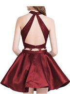 Cute Blue Two Pieces Lace Satin Short Prom Dress Homecoming Dress PG196