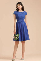 Cute Lace Chiffion Mini Party Dress Short Sleeves  Knee Length Homecoming Dress