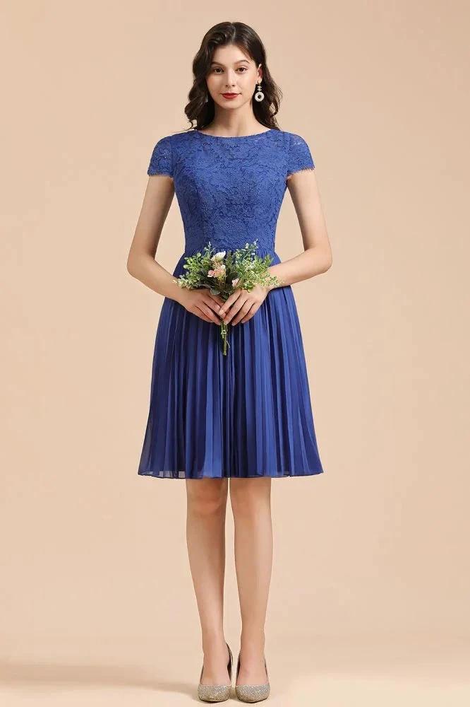 Cute Lace Chiffion Mini Party Dress Short Sleeves  Knee Length Homecoming Dress