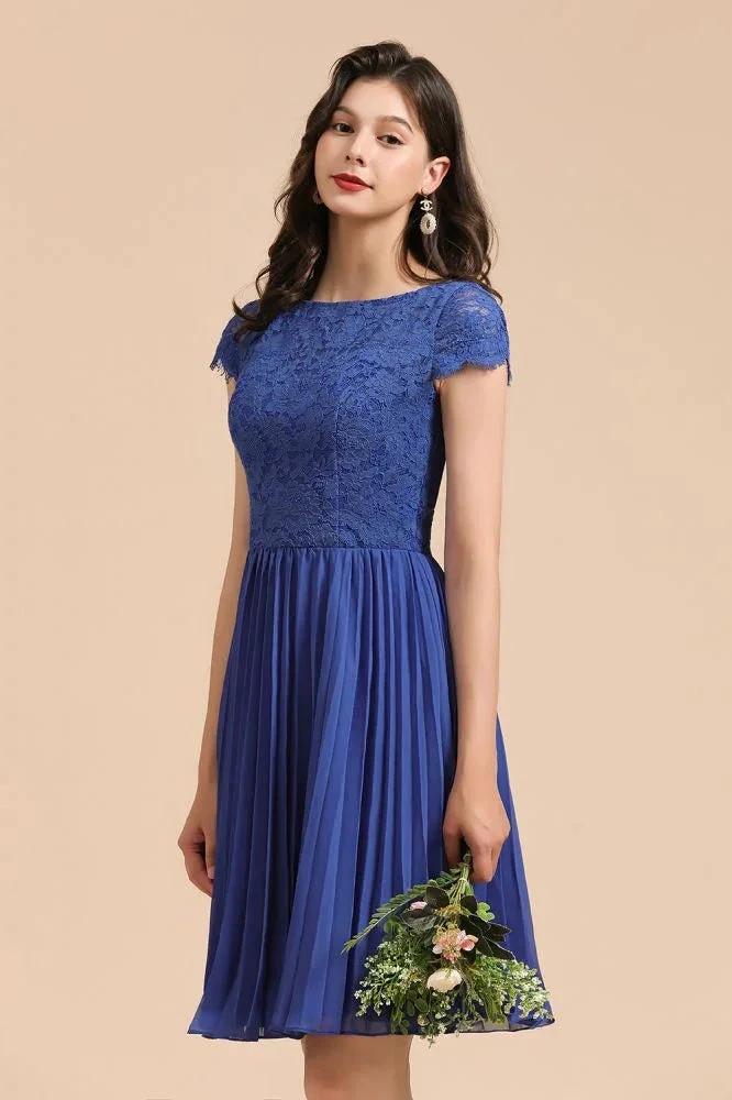 Cute Lace Chiffion Mini Party Dress Short Sleeves  Knee Length Homecoming Dress