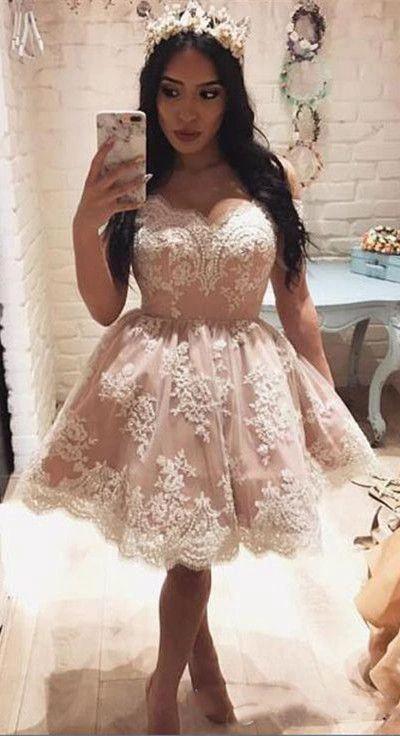 Cute Off The Shoulder A-line Short Pink Lace Homecoming Dress PG143