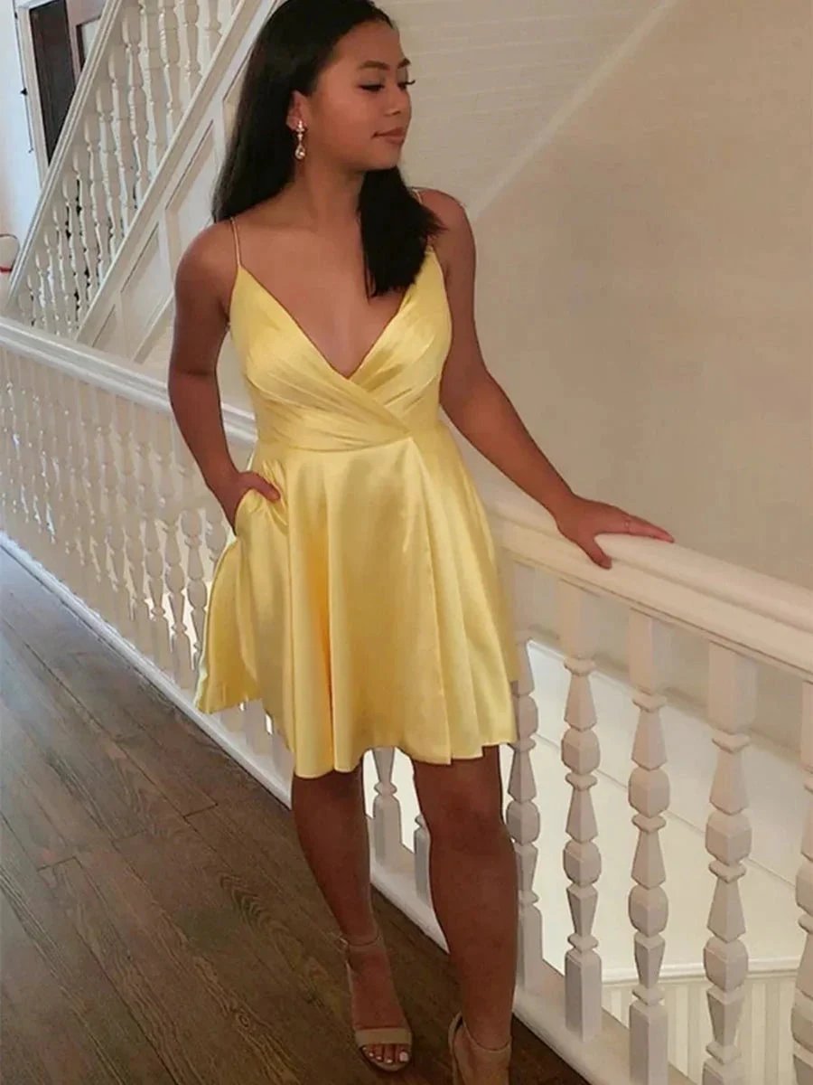Cute Short A-line V Neck Satin Prom Homecoming Dresses with Pockets