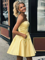 Cute Yellow A-line Strapless Satin Short Prom Homecoming Dresses with Pockets