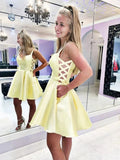 Cute Yellow Short A-line V Neck Satin Prom Homecoming Dresses with Pockets