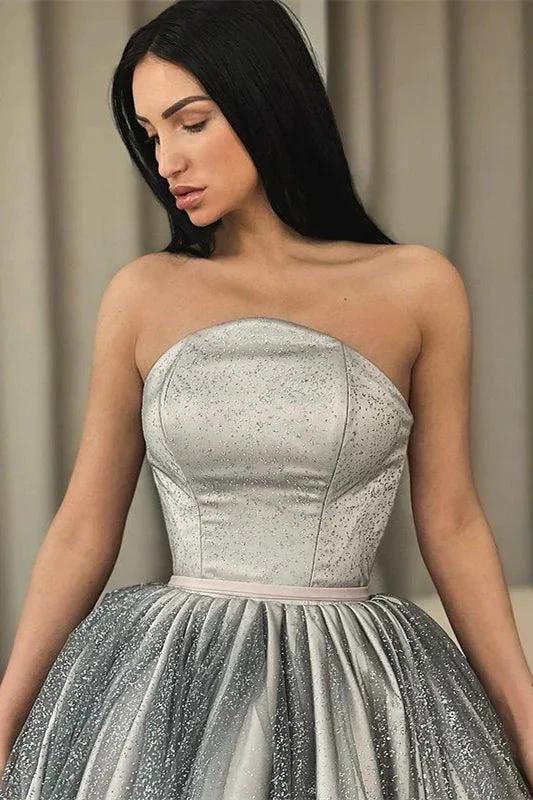 Strapless Silver A-Line Short Prom Dress Ruffle With Sequins and Tulle
