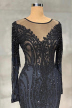 Elegant Long Mermaid Tulle Lace Prom Dress with Sleeves