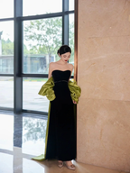 Pretty Black Strapless Satin Long Prom Dress Evening Dress With Bow Y8594