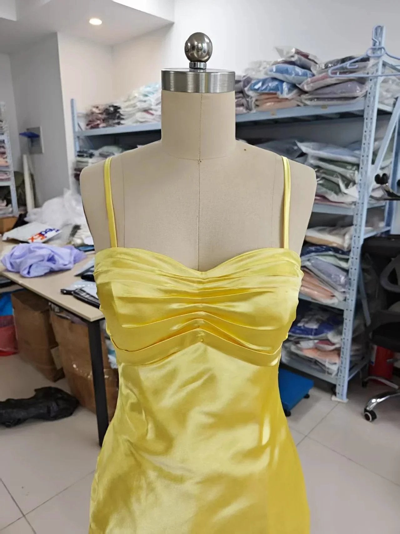 Spaghetti Strap Satin Prom Dresses Long A Line Pleated Corset Bridesmaid Formal Dress with Slit