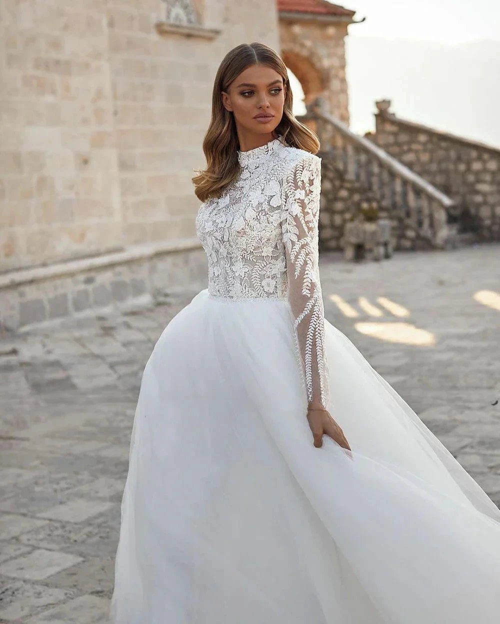 Grace Pretty luxury Princess Wedding Dresses Modest O Neck Long Sleeves Muslim Bride Dresses Bridal Gown vestidos de novia