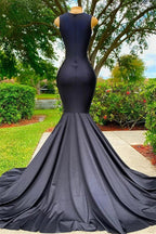 Black Long Sleeveless Strapless Satin Lace Appliques Mermaid Prom Dress