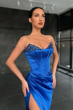 Royal Blue Long Mermaid Sweetheart Satin Prom Dress with Split