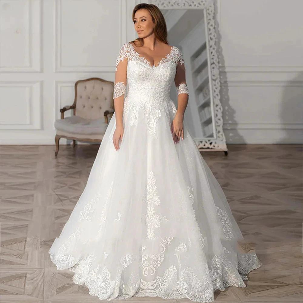 Simple A-Line Wedding Dresses Plus Size Women V-Neck Bride Gowns Half Sleeves Applique Vestido De Noiva Custom Made