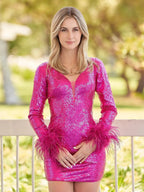 V Neck Hot Pink Sequins Short Tight Homecoming Dress