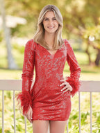 V Neck Hot Pink Sequins Short Tight Homecoming Dress