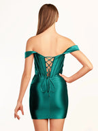 Fuchsia Sheath Off the Shoulder Short Satin Homecoming Dress