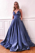 A-line V-neck Sequins Floor Length Evening Dress with Spaghetti Straps