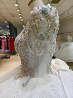 Silver Sparkle Cap-Sleeve Ballgown Beaded Bust & Bow Train