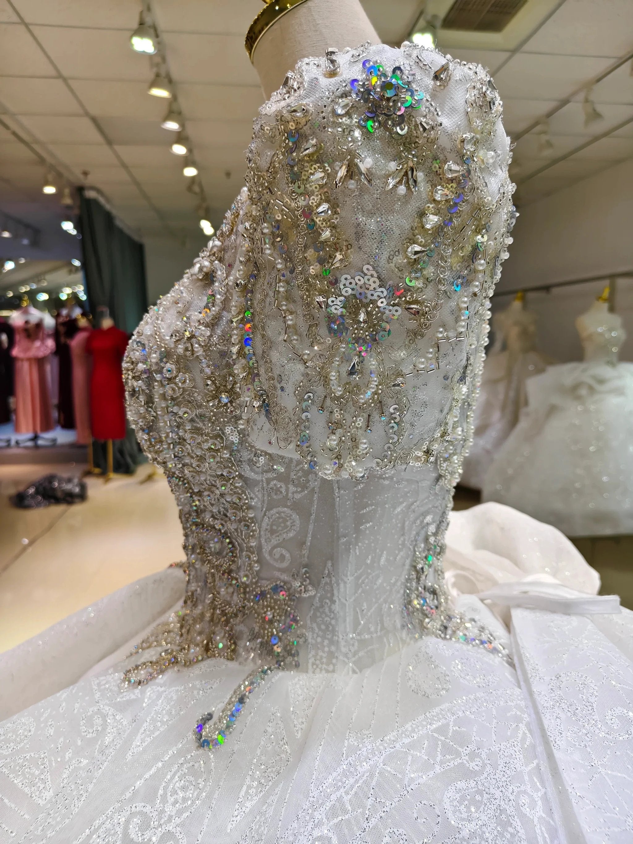 Silver Sparkle Cap-Sleeve Ballgown Beaded Bust & Bow Train