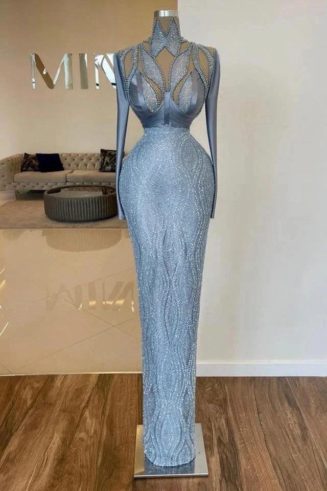 Elegant Long Sleeve Halter Sequin Beaded Mermaid Prom Dress