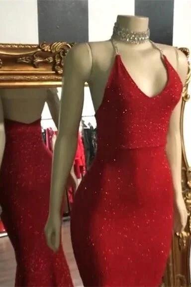 Glamour Red Hot Spaghetti Straps Sequin Mermaid Prom Dress